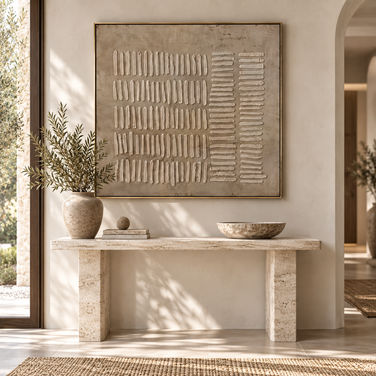KALSA beige Wabi-Sabi artwork above a travertine console in an entryway