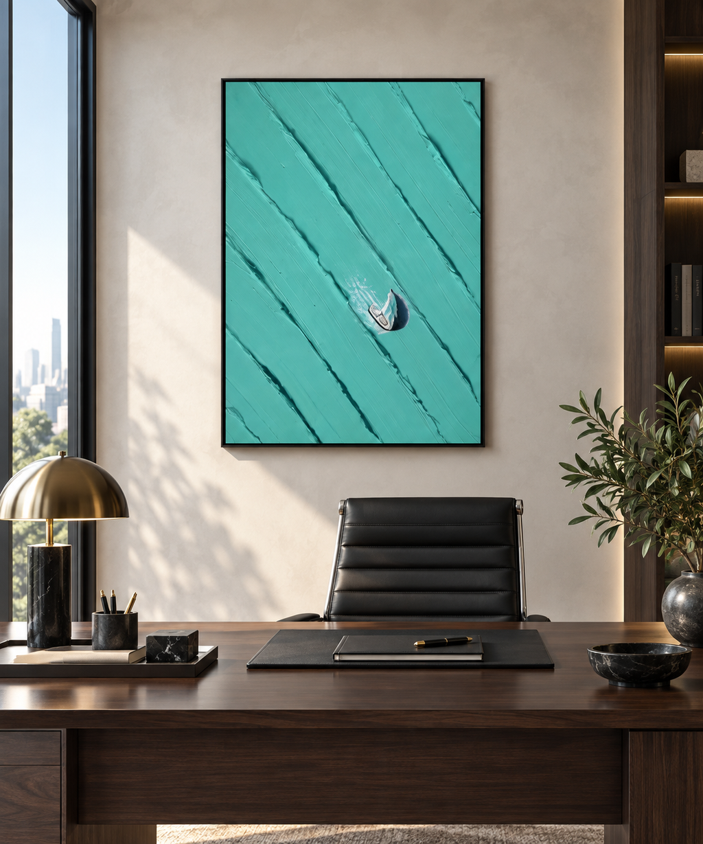 AERIS turquoise golf-inspired abstract wall art in a dining room