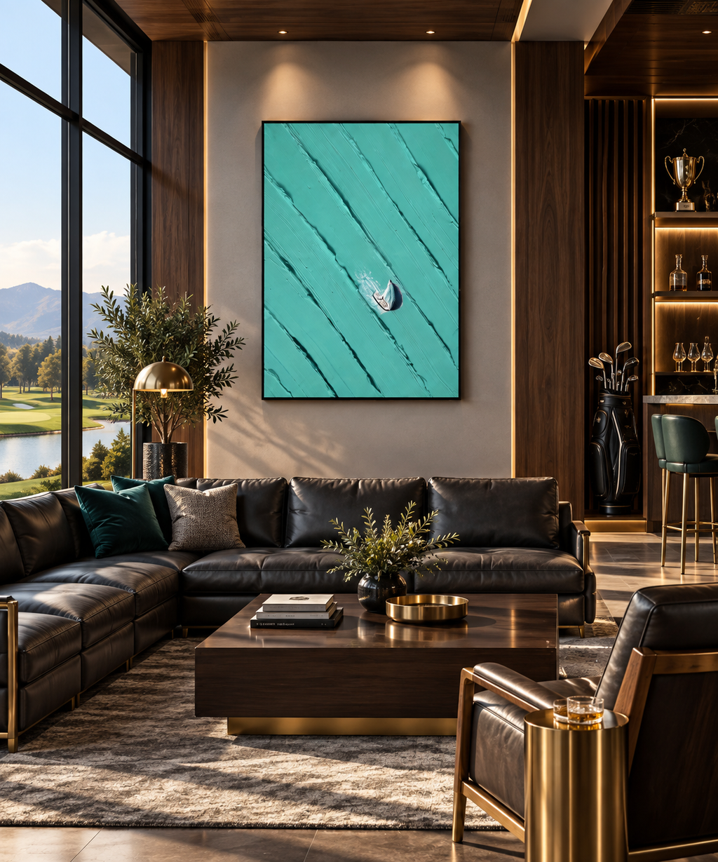 AERIS turquoise golf-inspired abstract wall art in an entryway
