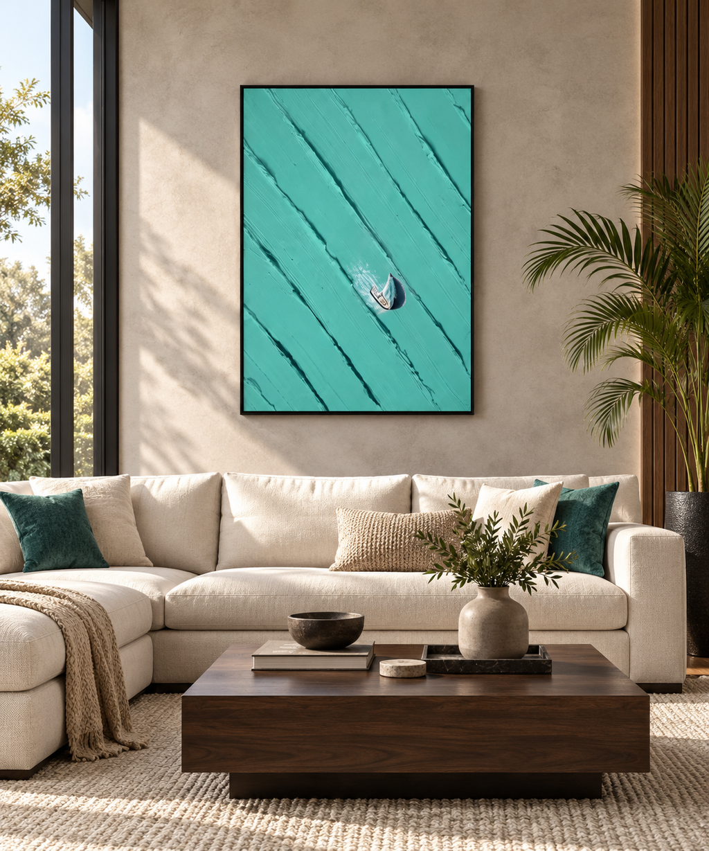 AERIS turquoise golf-inspired abstract wall art in a golf club lounge
