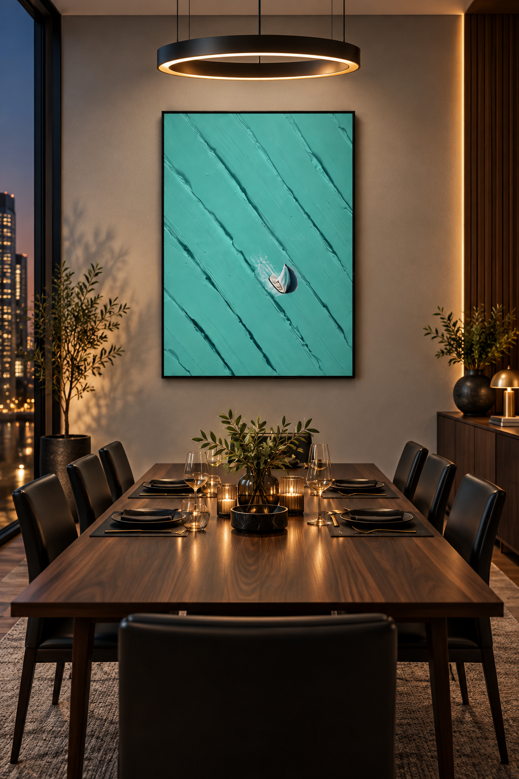 AERIS turquoise golf-inspired abstract wall art in a home office