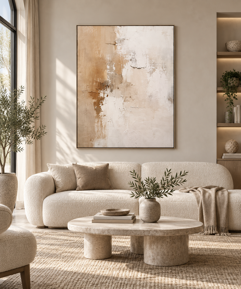 ALBA beige and ivory Wabi-Sabi textured wall art in a refined living room