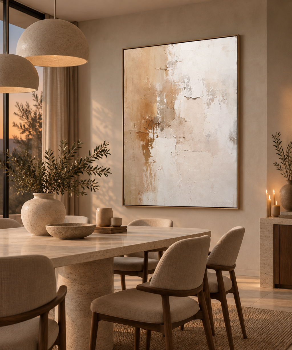 ALBA neutral textured wall art in a sophisticated dining room
