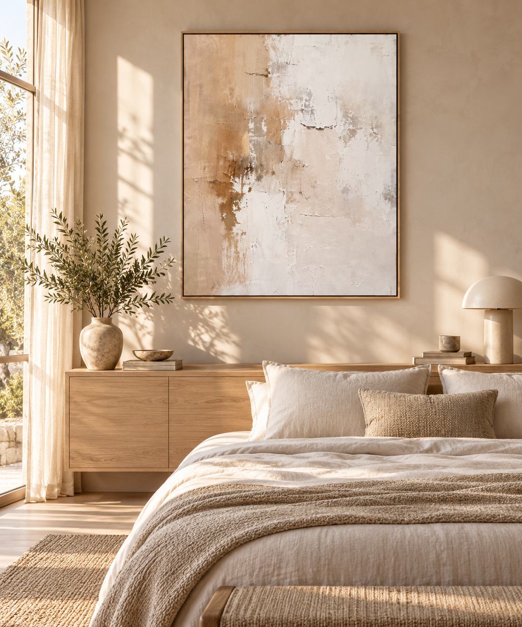 ALBA beige Wabi-Sabi wall art in an elegant bedroom