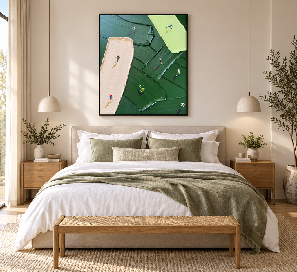 ALVORA green abstract golf and sports wall art above an elegant bed