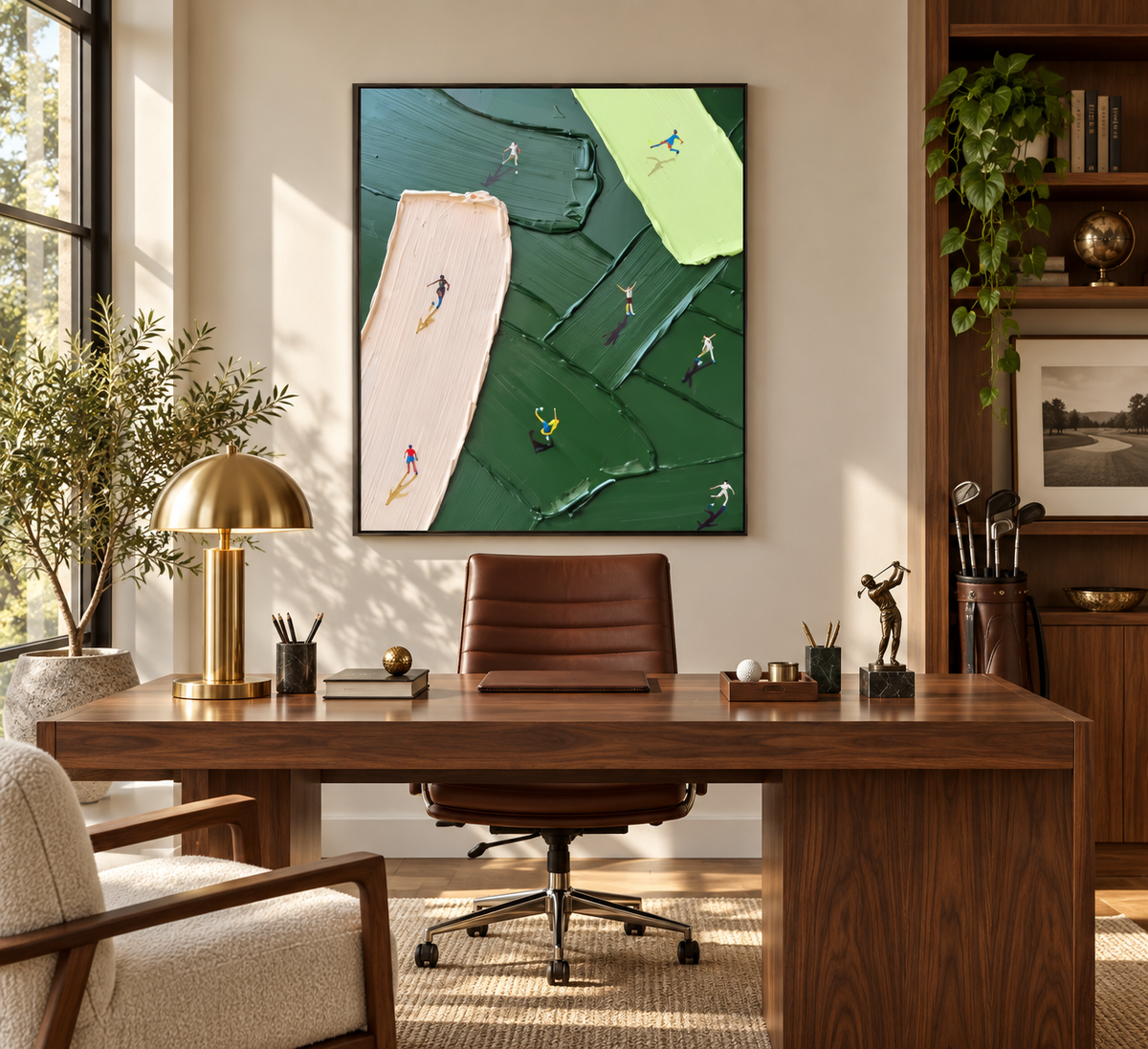ALVORA green abstract golf and sports wall art in a luxury home office