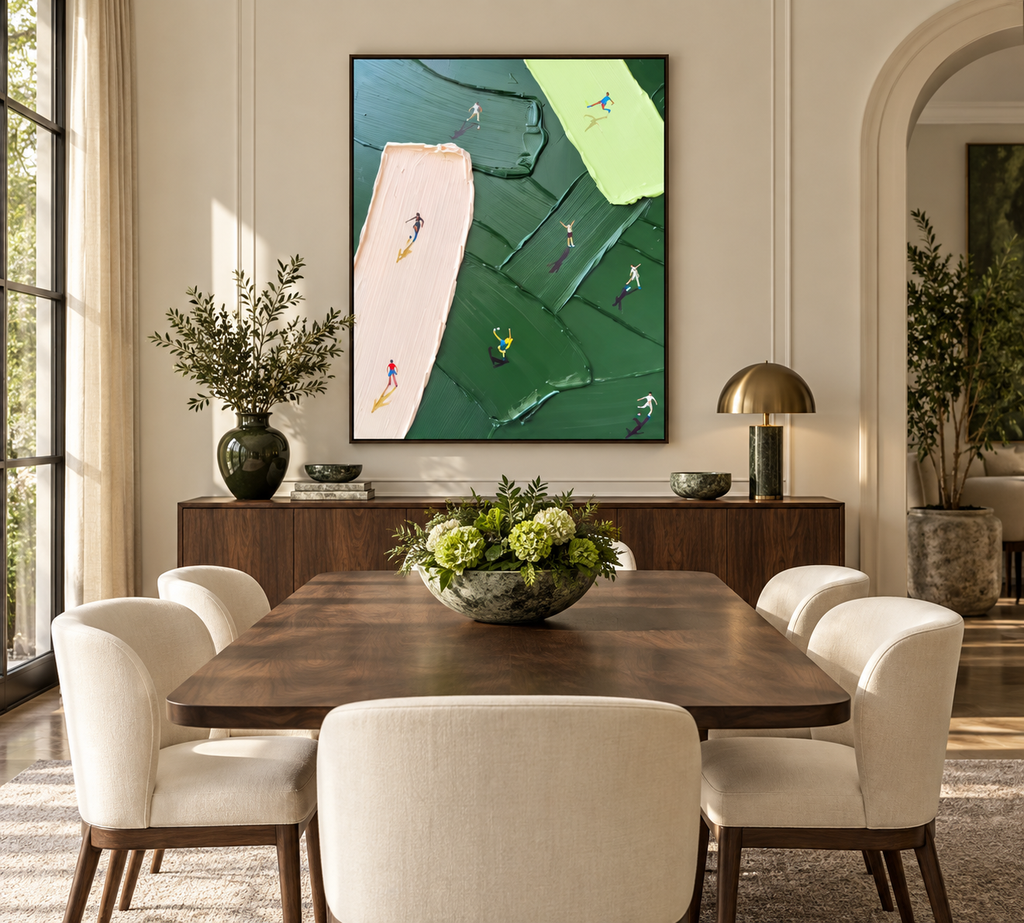 ALVORA green abstract golf and sports wall art in a refined dining room
