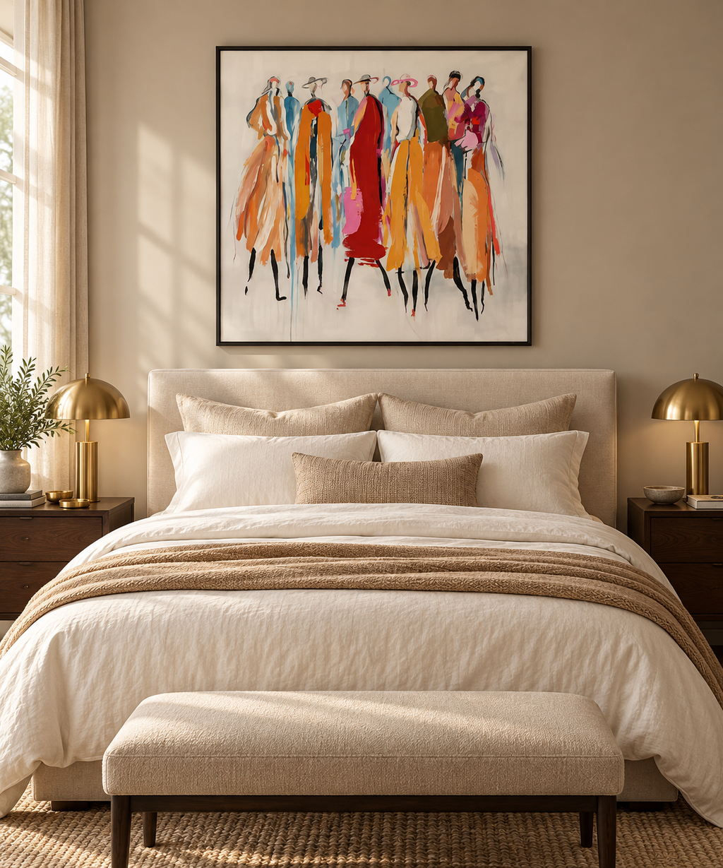 AMARA multicolor figurative Art Deco wall art in a home office