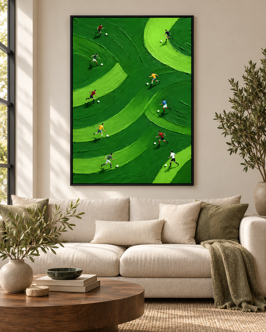 ARENZA textured football field wall art in a living room