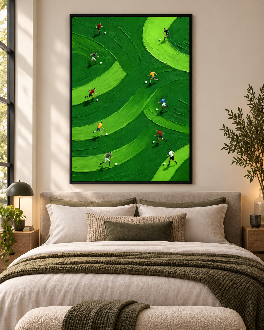 ARENZA textured football field wall art in a bedroom