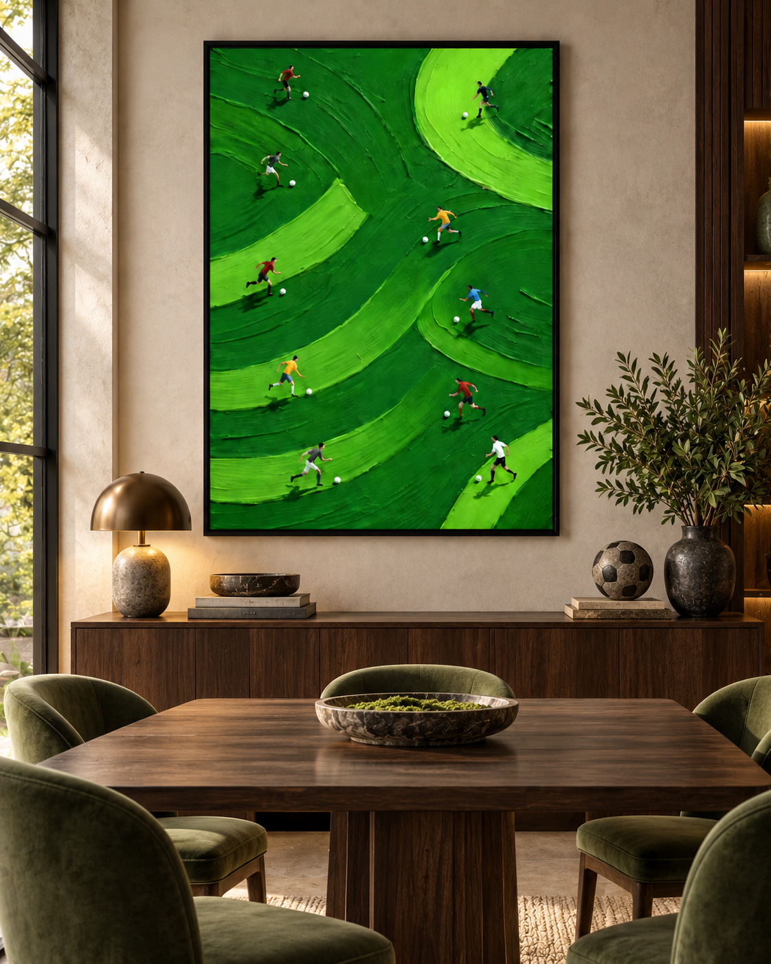 ARENZA textured football field wall art in a dining room