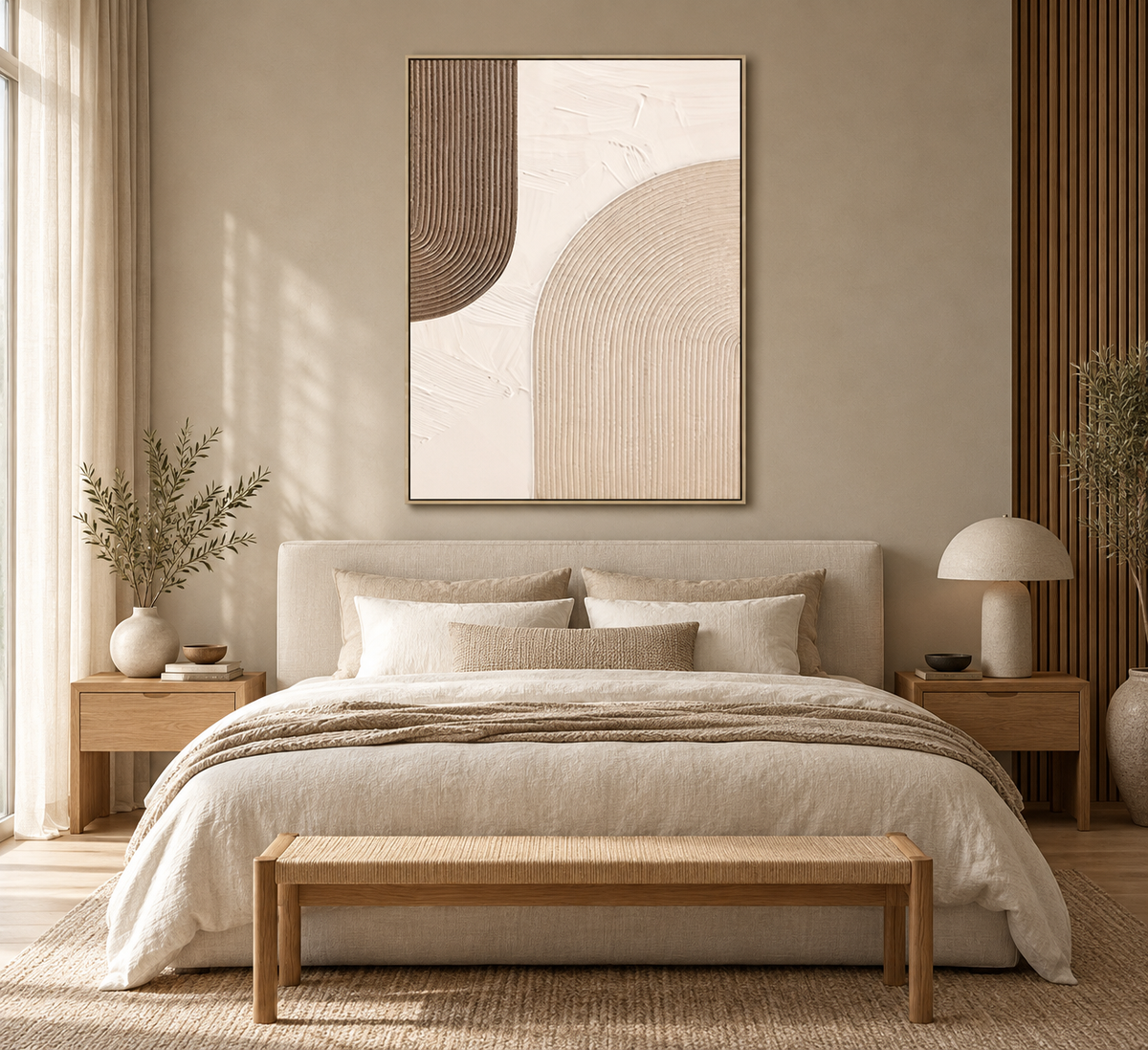 ARKEA beige and ivory arch textured wall art in a japandi bedroom