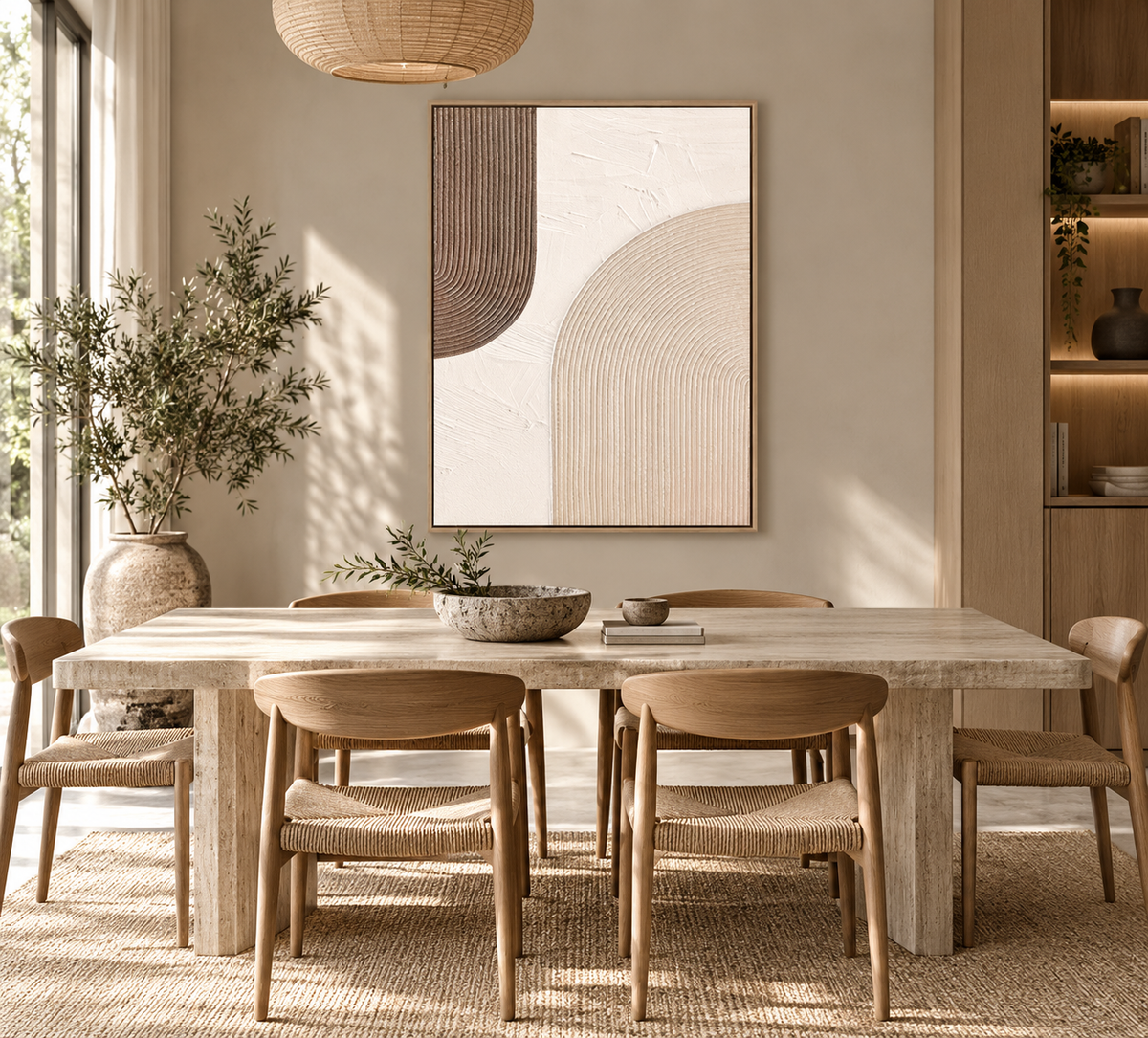 ARKEA minimalist beige arch wall art in an elegant dining room