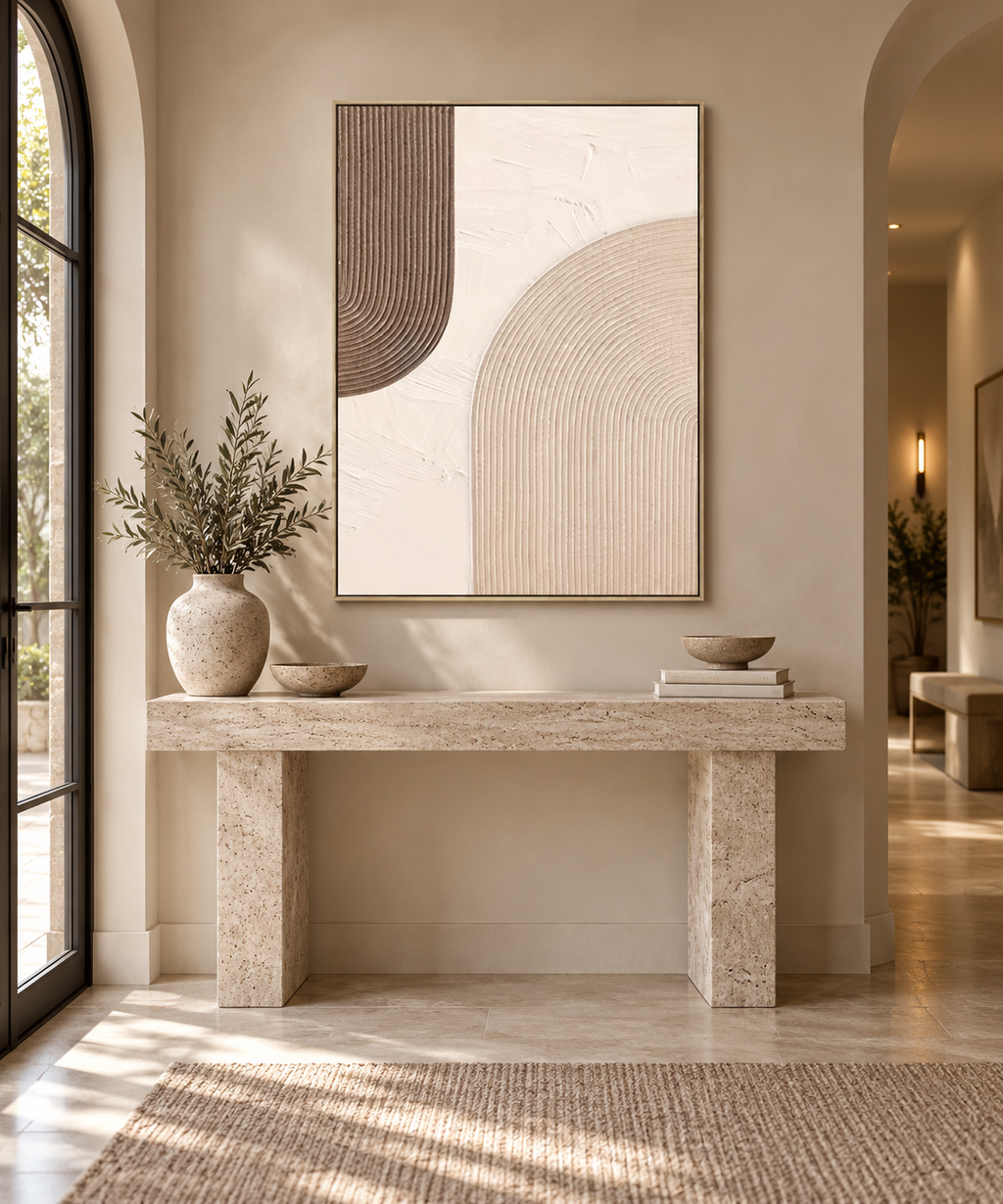 ARKEA neutral arch wall art above a travertine entryway console