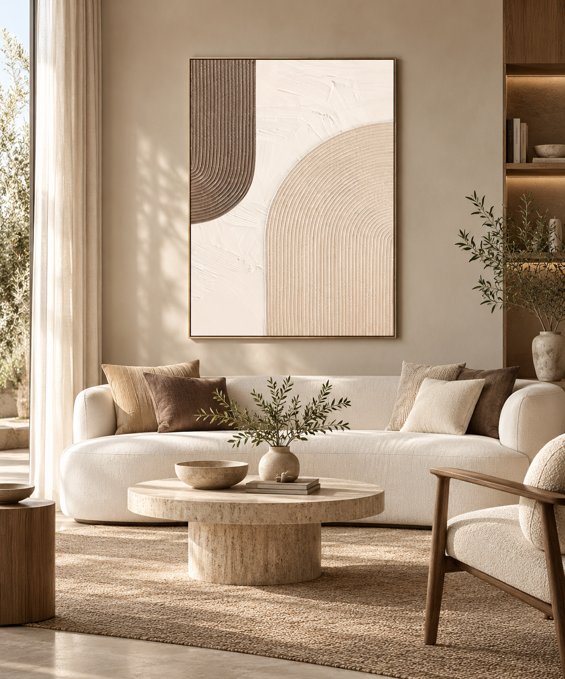 ARKEA beige and ivory arch textured abstract wall art above a neutral sofa