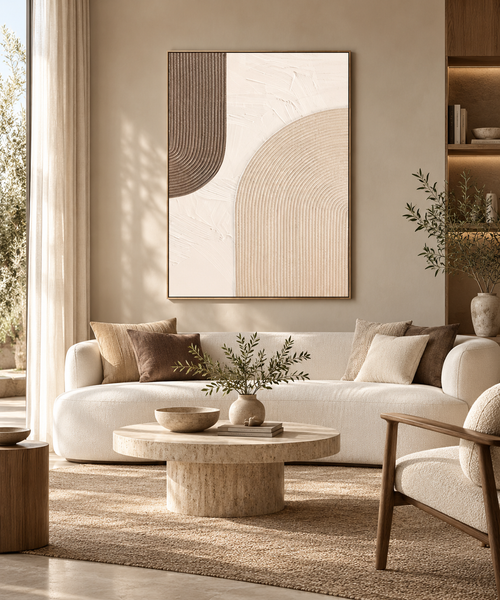 ARKEA beige and ivory arch textured abstract wall art above a neutral sofa