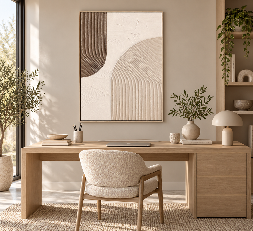 ARKEA ivory and taupe arch abstract wall art in a refined home office