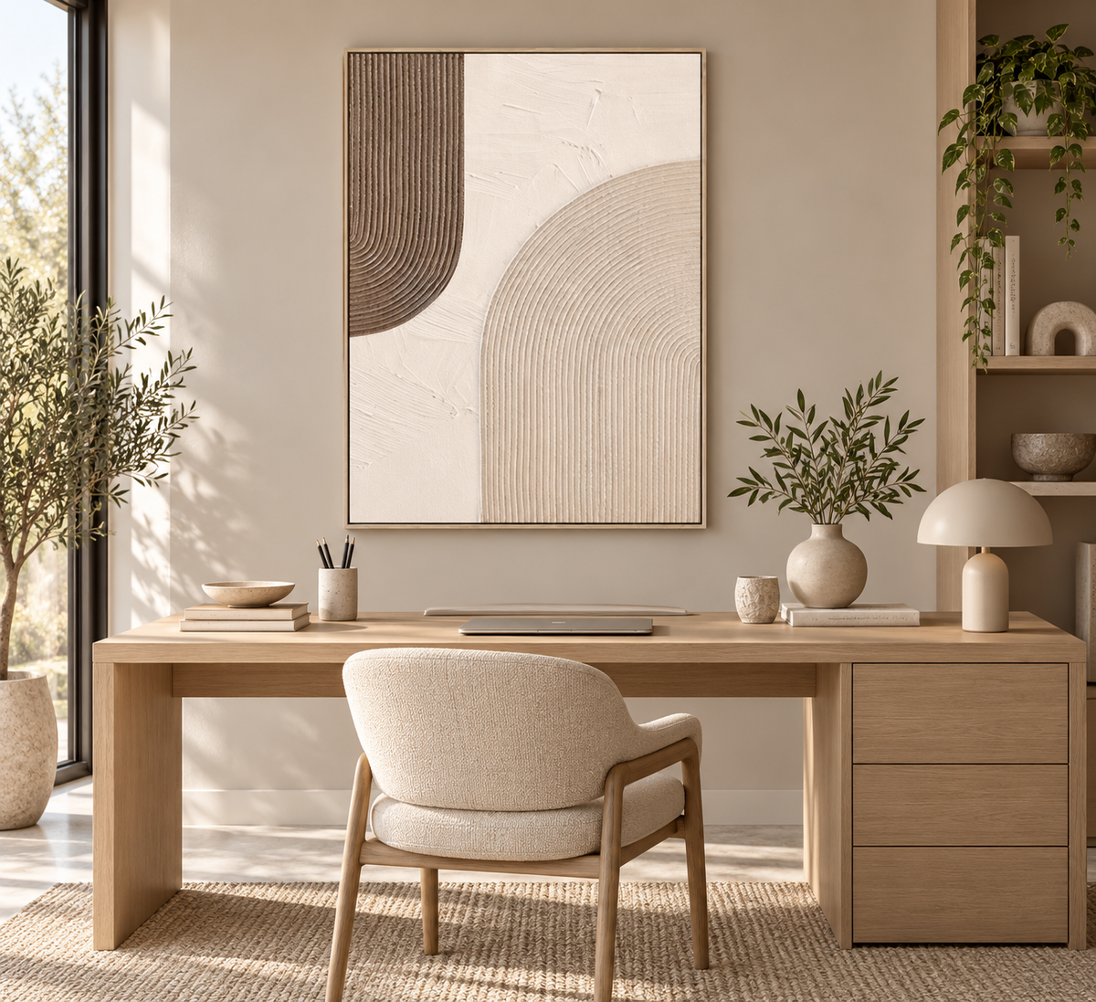 ARKEA ivory and taupe arch abstract wall art in a refined home office