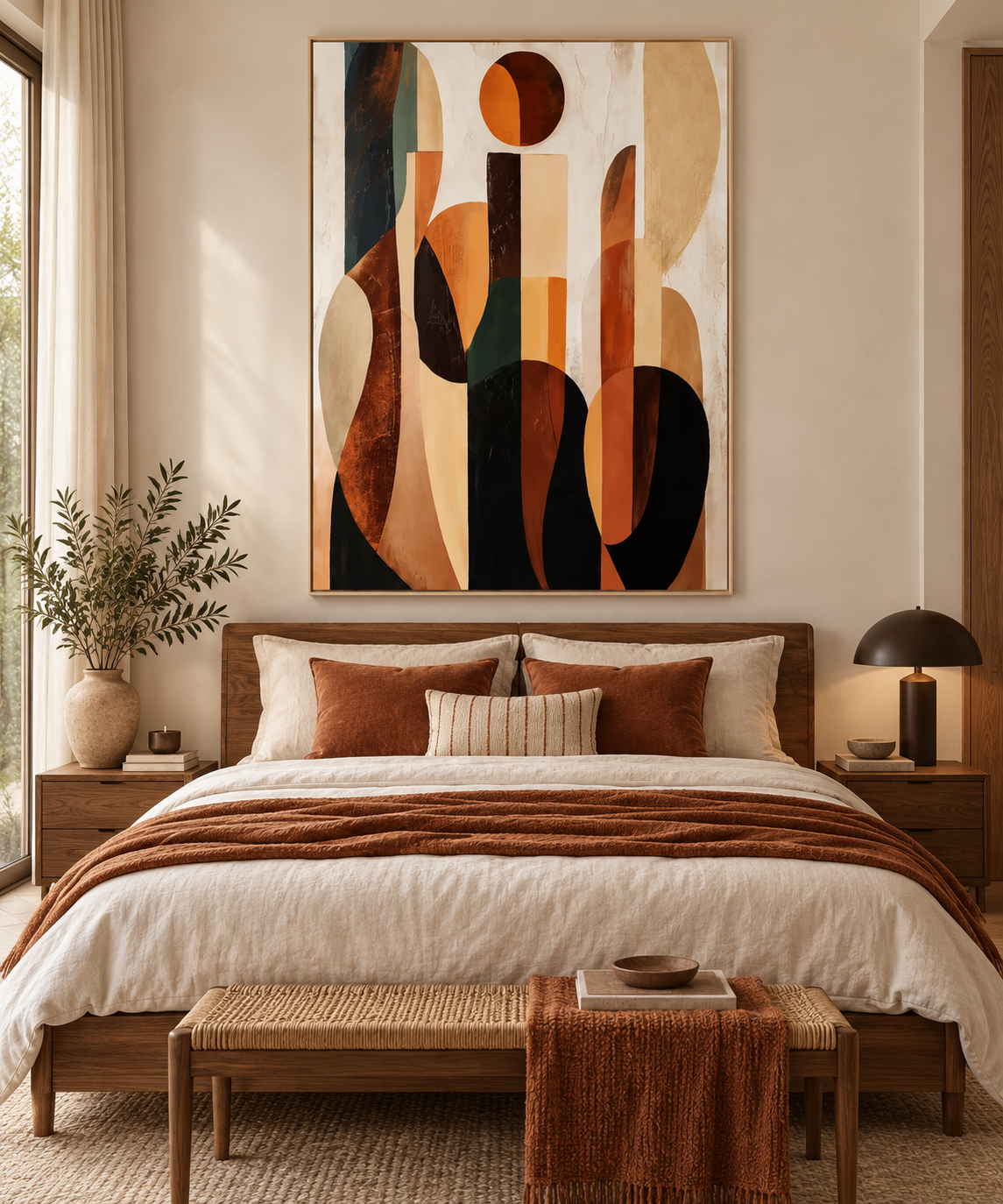 ARVENA geometric abstract wall art above a walnut bed in an elegant bedroom