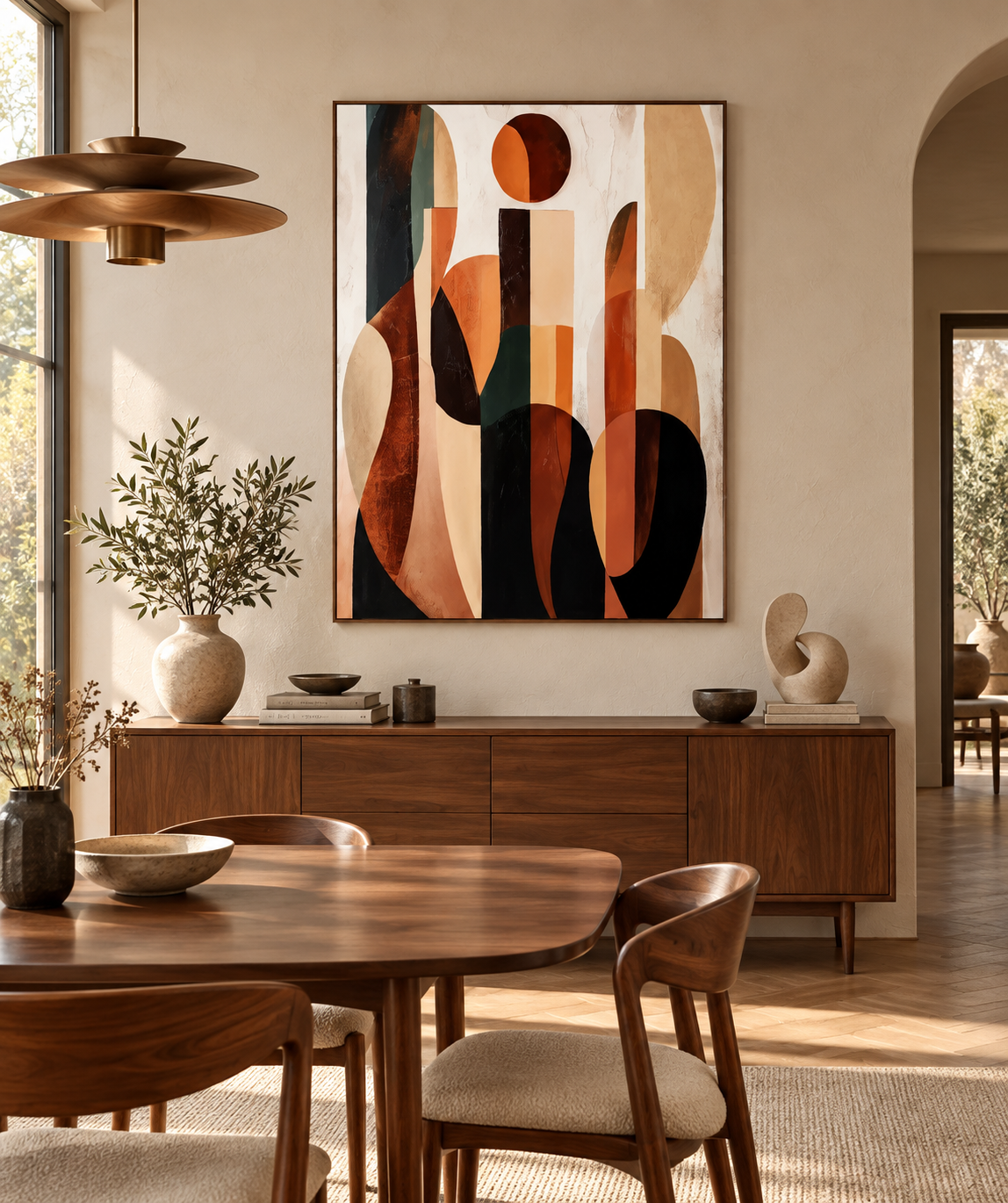 ARVENA brown framed modernist painting in a contemporary dining room