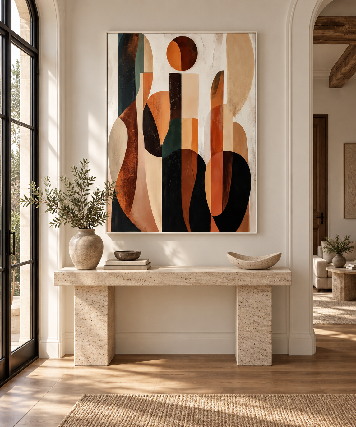 ARVENA white framed modernist wall art above a travertine console