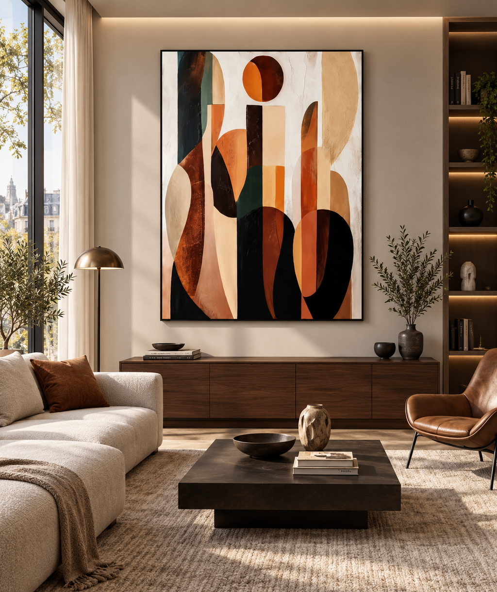 ARVENA modernist abstract wall art above a walnut sideboard in a living room