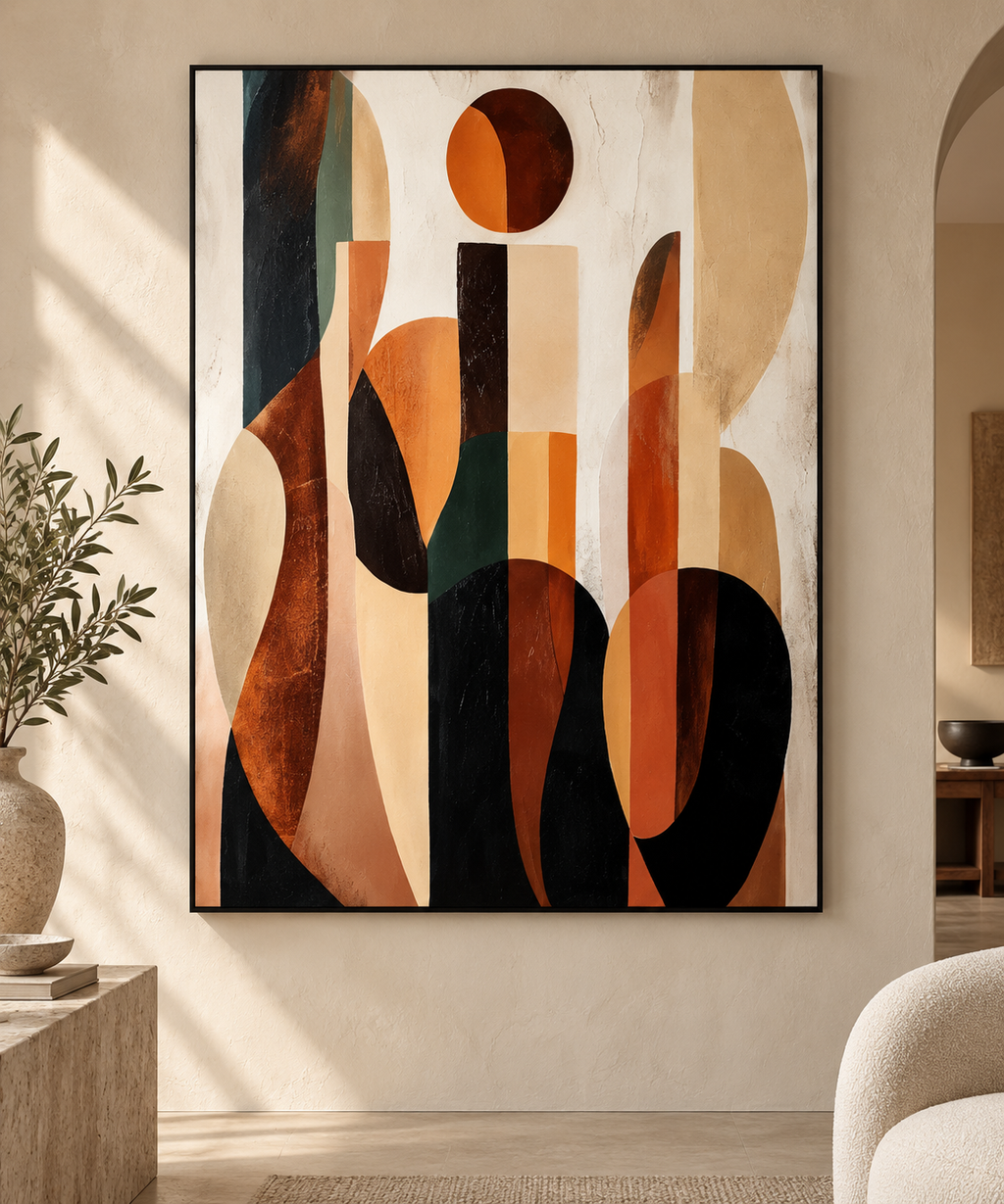 ARVENA terracotta black and ivory modernist abstract wall art close-up