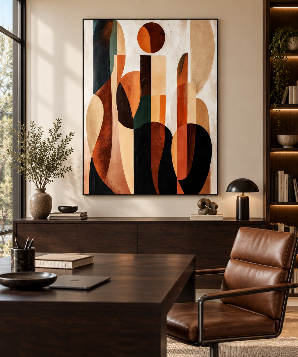 ARVENA black framed abstract artwork in a refined home office