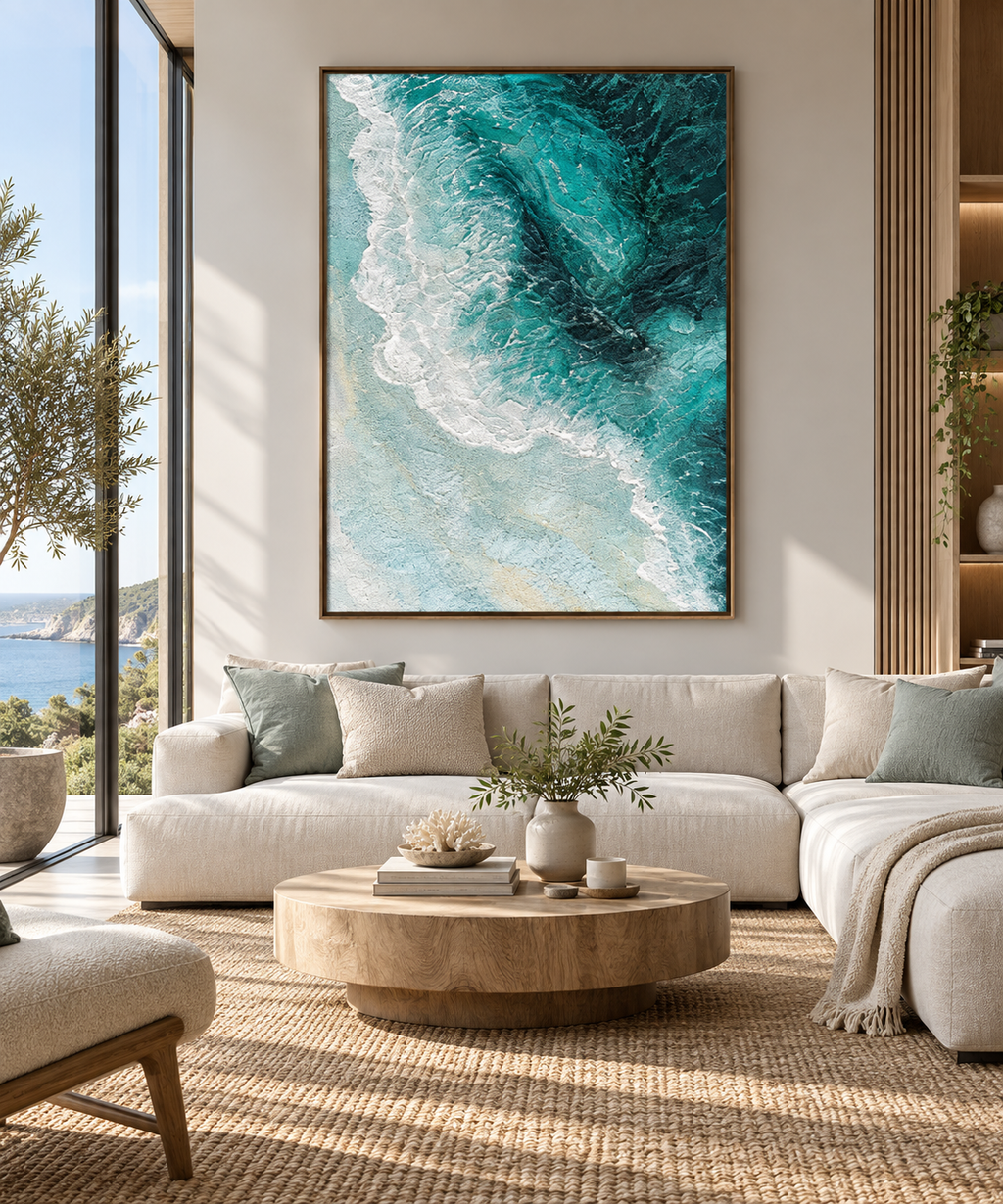 AUREA turquoise and white abstract ocean wave wall art in a refined living room