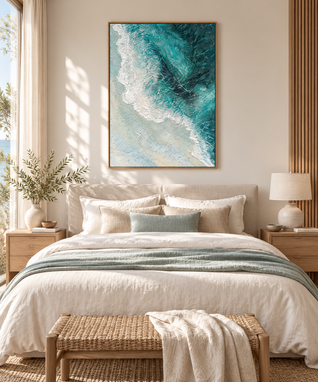 AUREA turquoise textured ocean wave wall art above an elegant bedroom