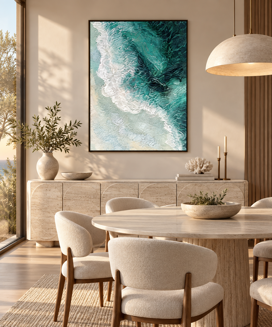 AUREA turquoise and white textured marine wall art in a sophisticated dining room