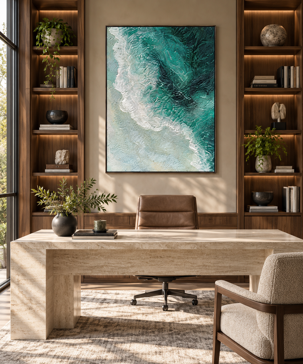 AUREA turquoise abstract ocean wave wall art in a luxury home office