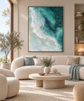 AUREA turquoise and white abstract ocean wave wall art in a warm contemporary lounge