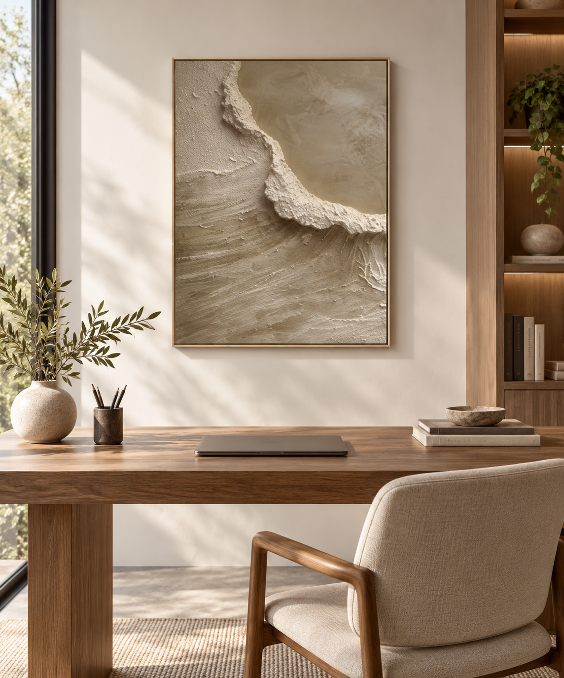 AURELIA beige textured abstract wall art in a refined European entryway