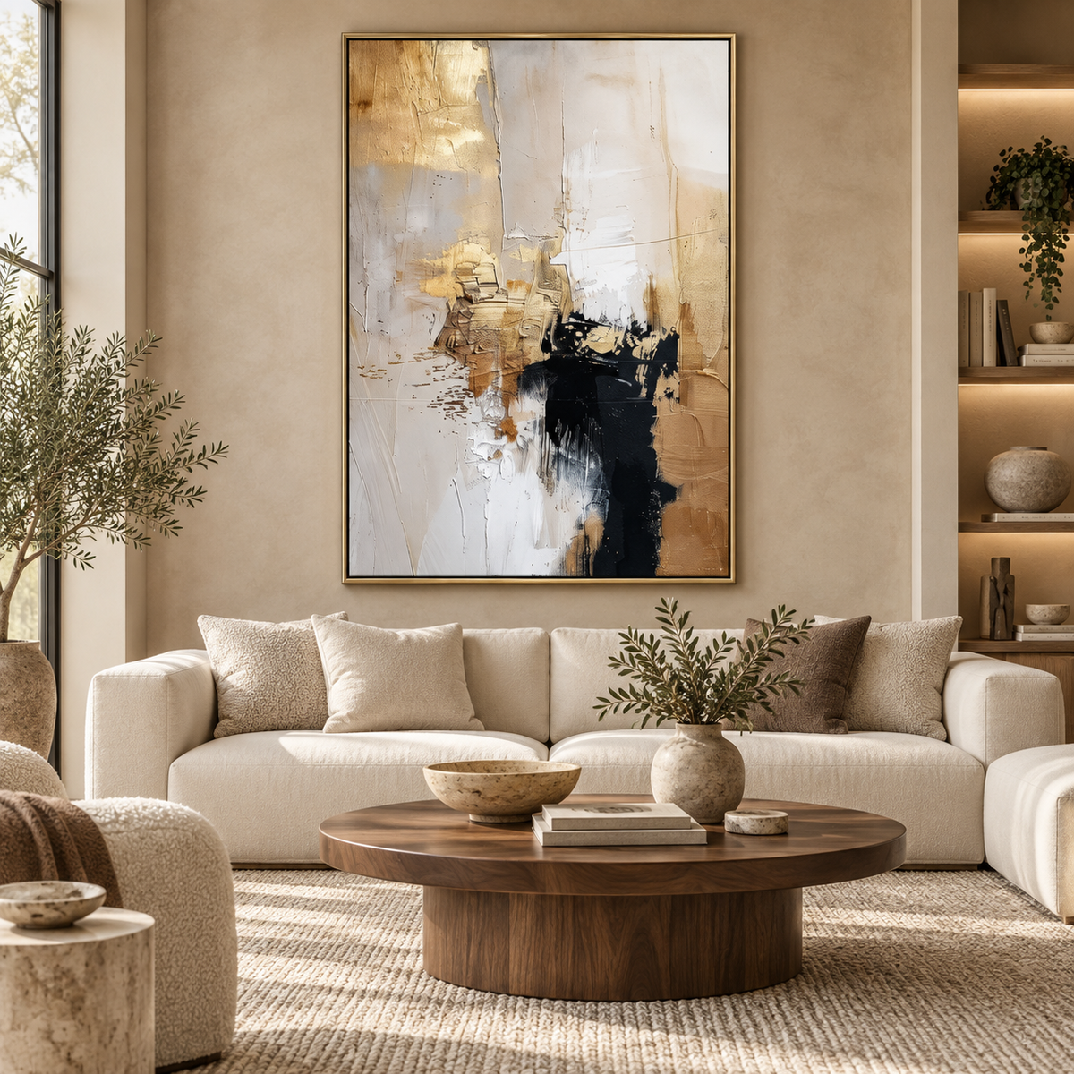AURELIA champagne gold and charcoal abstract wall art in a contemporary living room