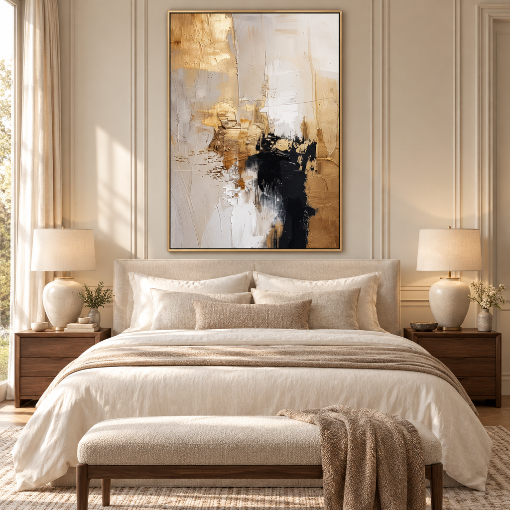 AURELIA champagne gold and charcoal abstract wall art above an elegant bedroom