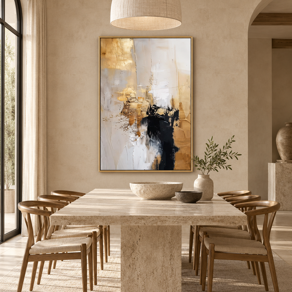 AURELIA gold and ivory textured abstract wall art in a premium dining room