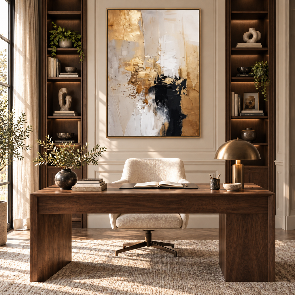 AURELIA champagne gold abstract artwork in a refined home office