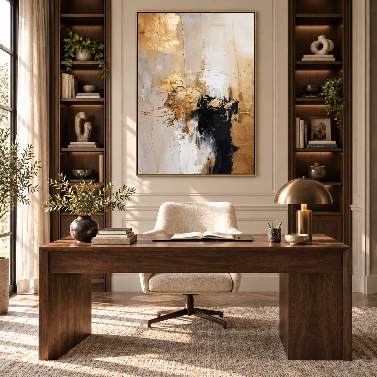 AURELIA champagne gold abstract artwork in a refined home office