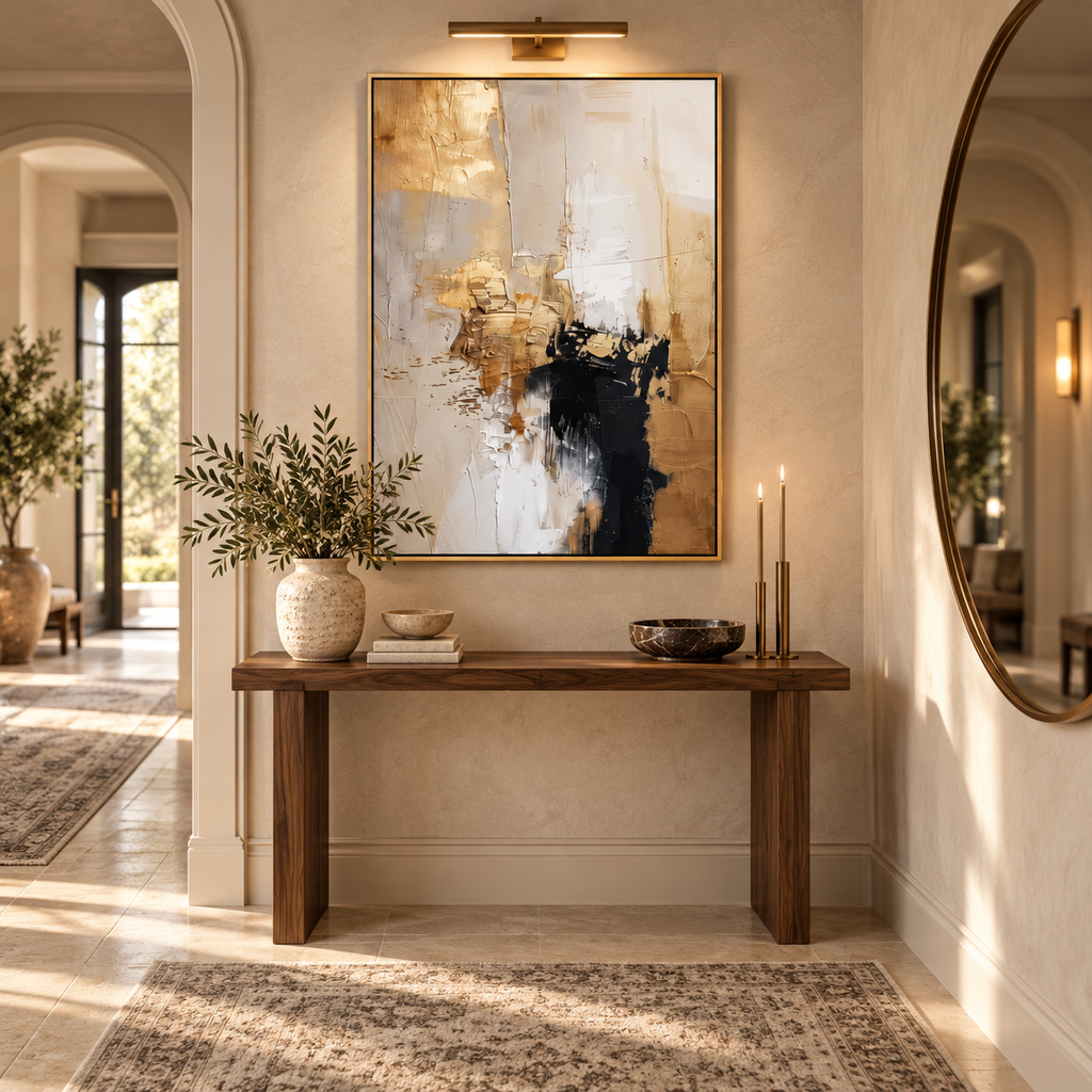 AURELIA gold and charcoal abstract wall art in a European hallway