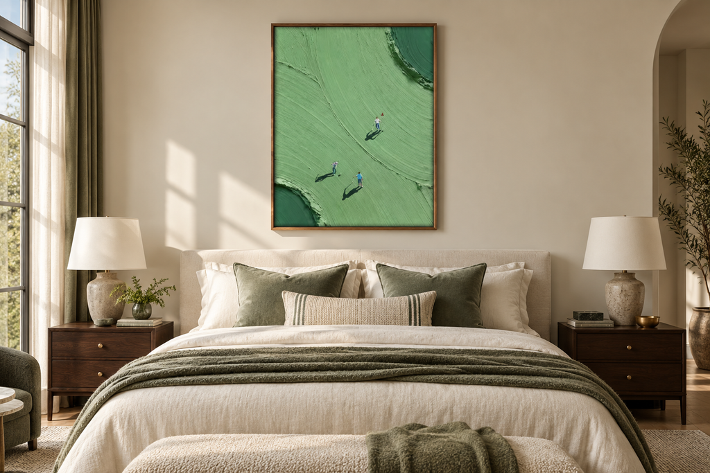 VERDARA sage golf course wall art in a bedroom