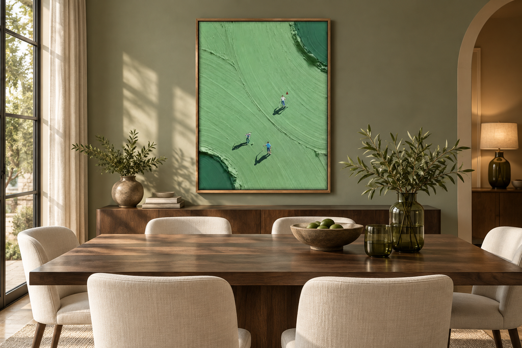VERDARA sage golf course wall art in a dining room