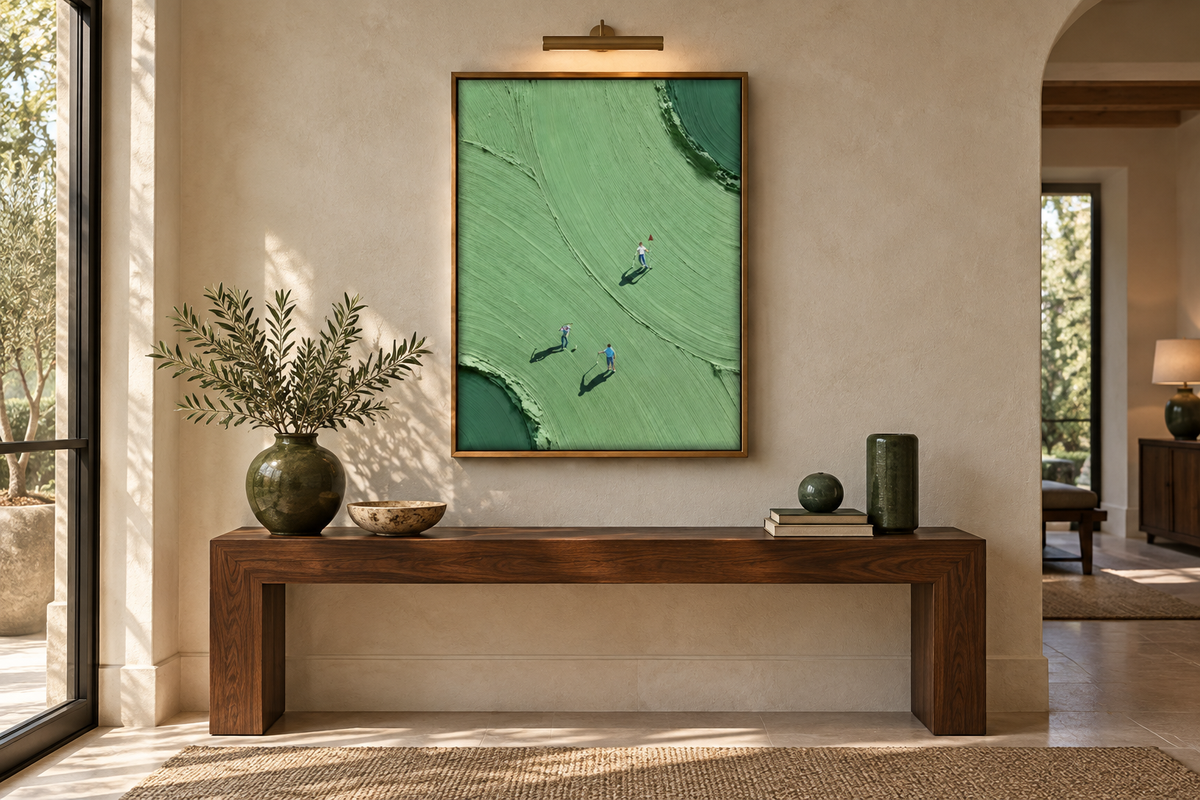 VERDARA sage golf course wall art in an entryway