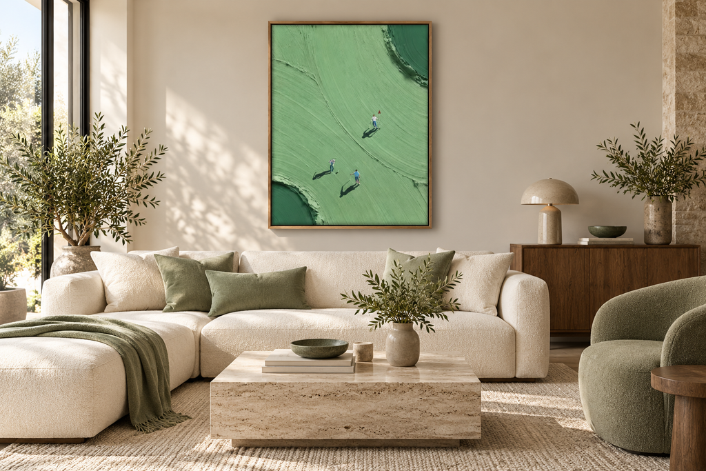 VERDARA sage golf course wall art in a living room