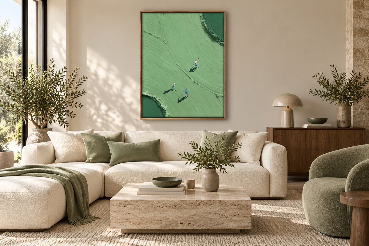 VERDARA sage golf course wall art in a living room