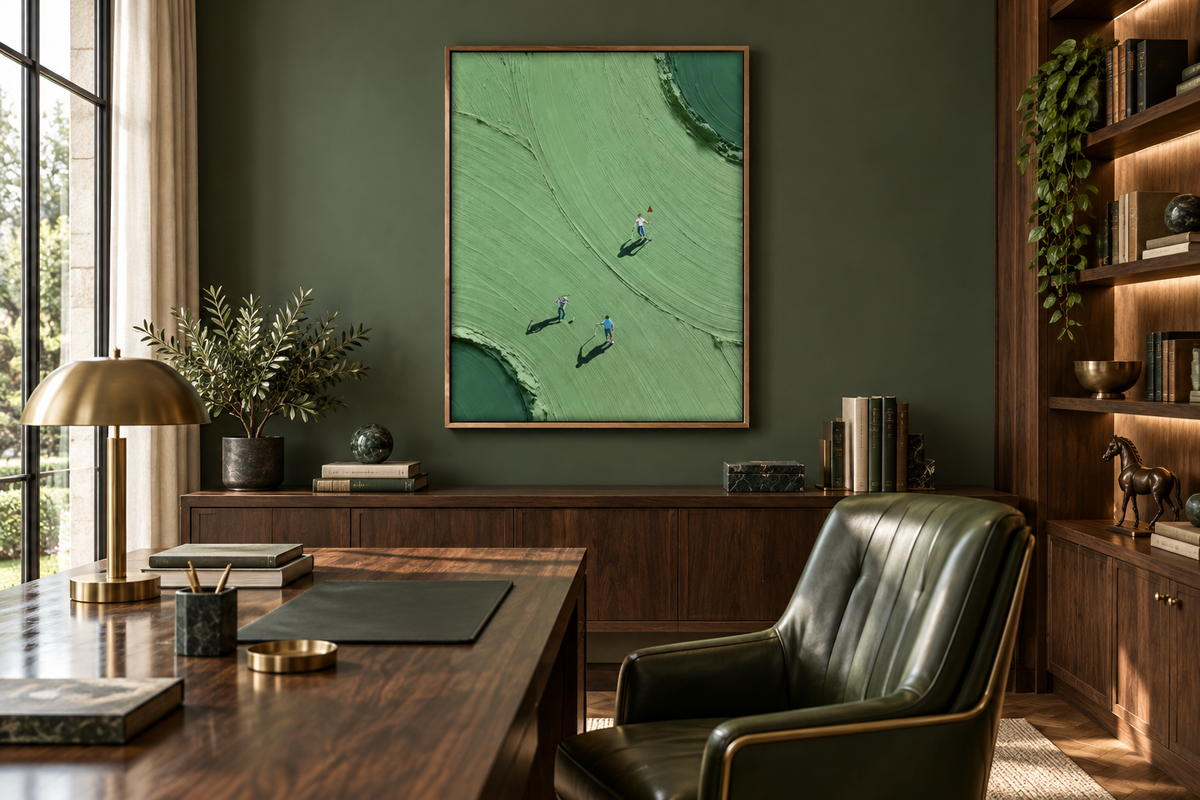 VERDARA sage golf course wall art in an office