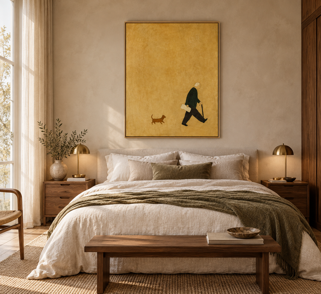 AURELIS minimalist figure and dog artwork in an elegant bedroom