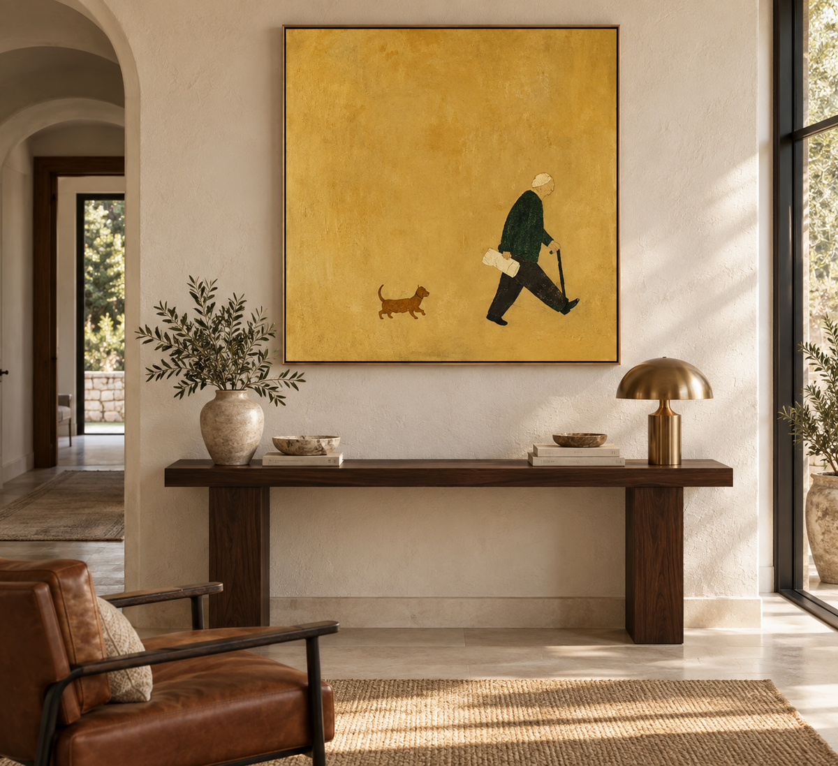 AURELIS minimalist figure and dog wall art above a refined console