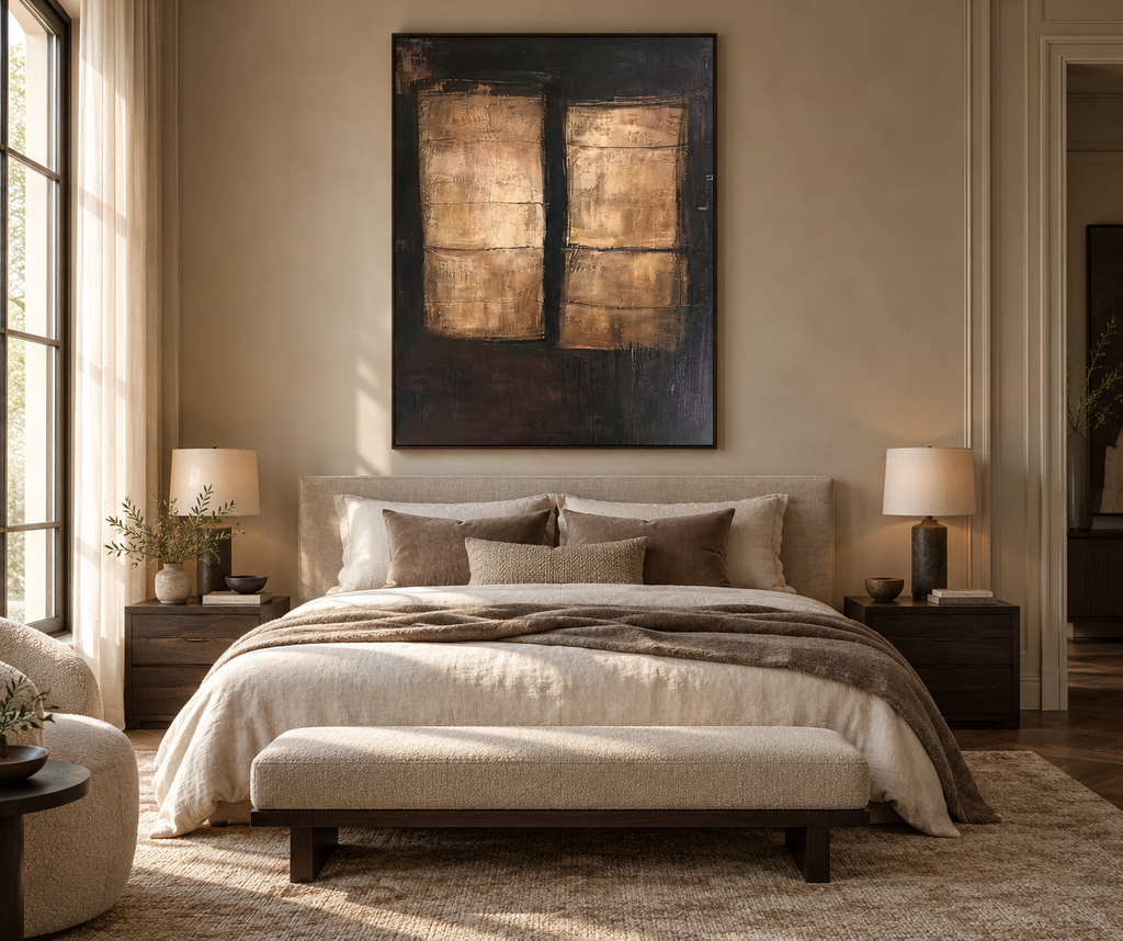 AUREN charcoal and antique gold abstract wall art in a refined bedroom