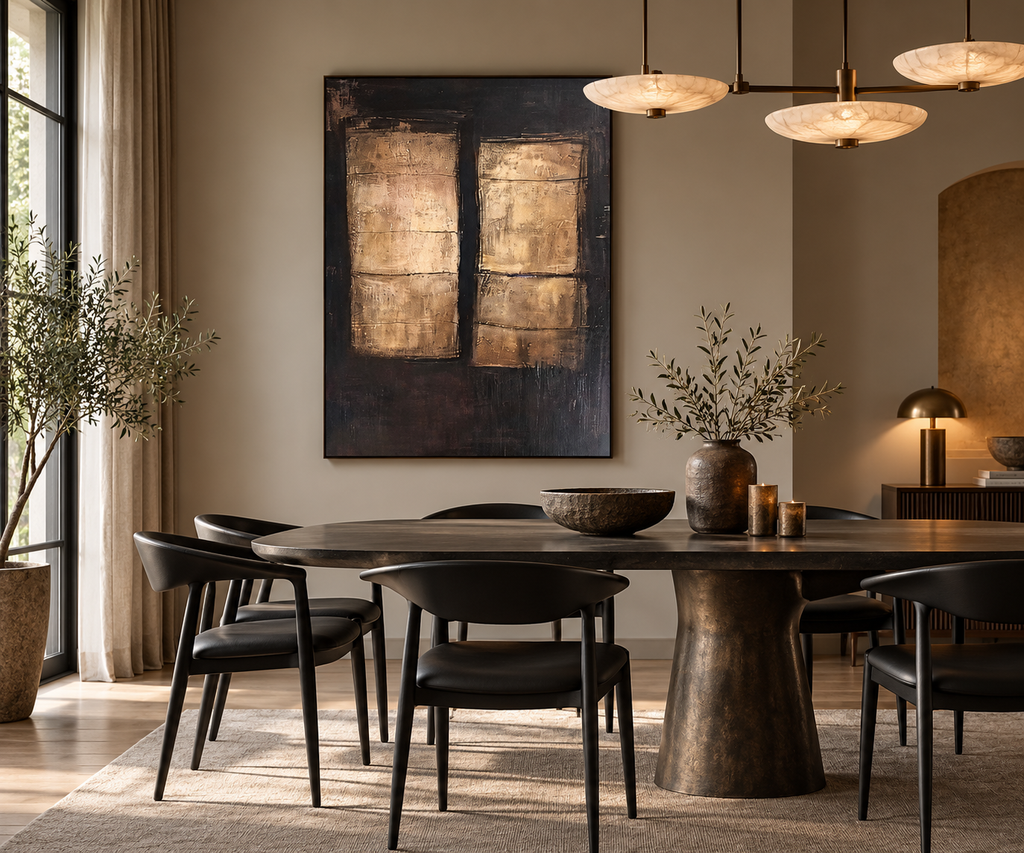AUREN dark abstract wall art with antique gold texture in a dining room